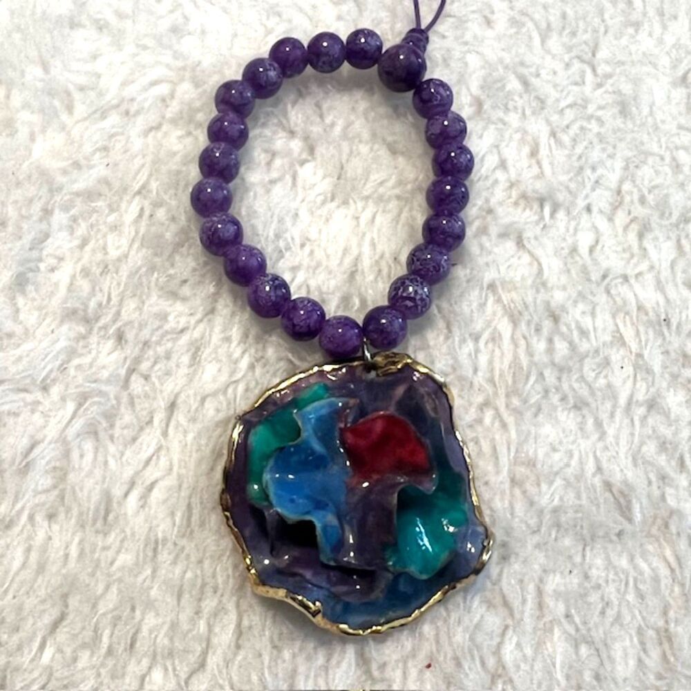 Purple Marble Beaded Flower Charm Elastic Bracelet
